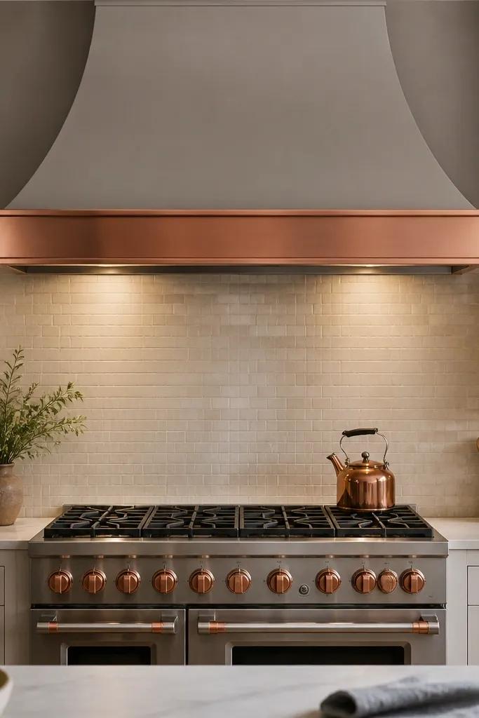 Stove with a hood and copper trim, surrounded by light cabinets