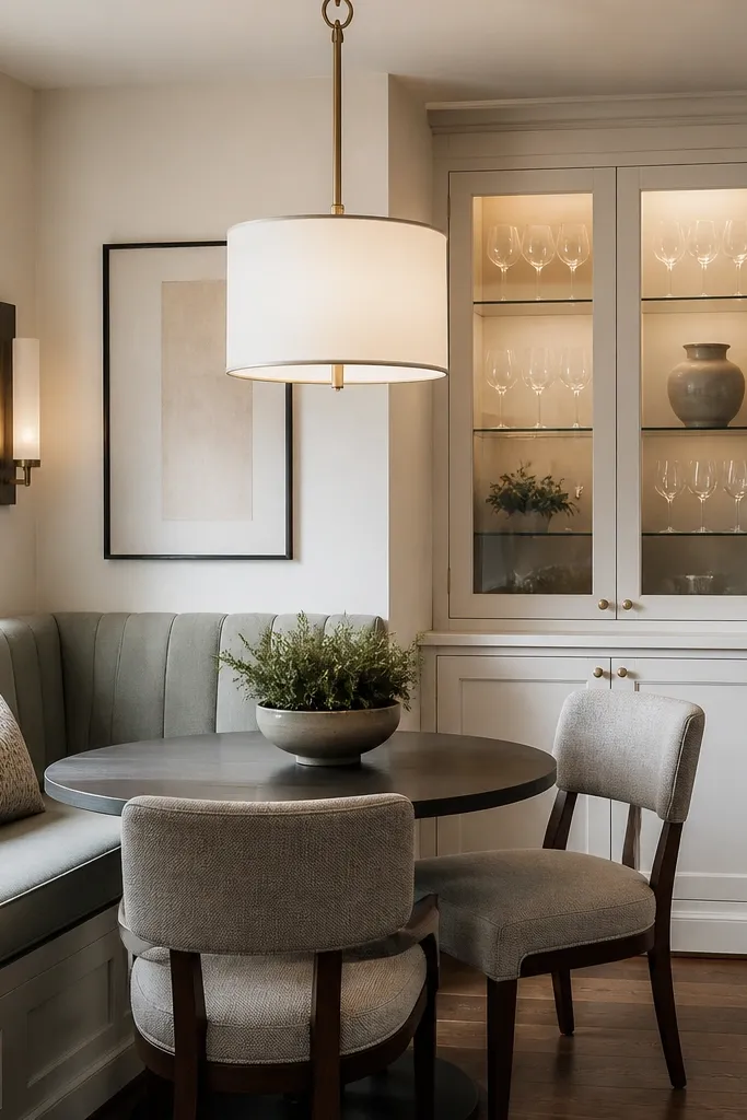 Dining nook with built-in bench and glass-front cabinet near the kitchen wall