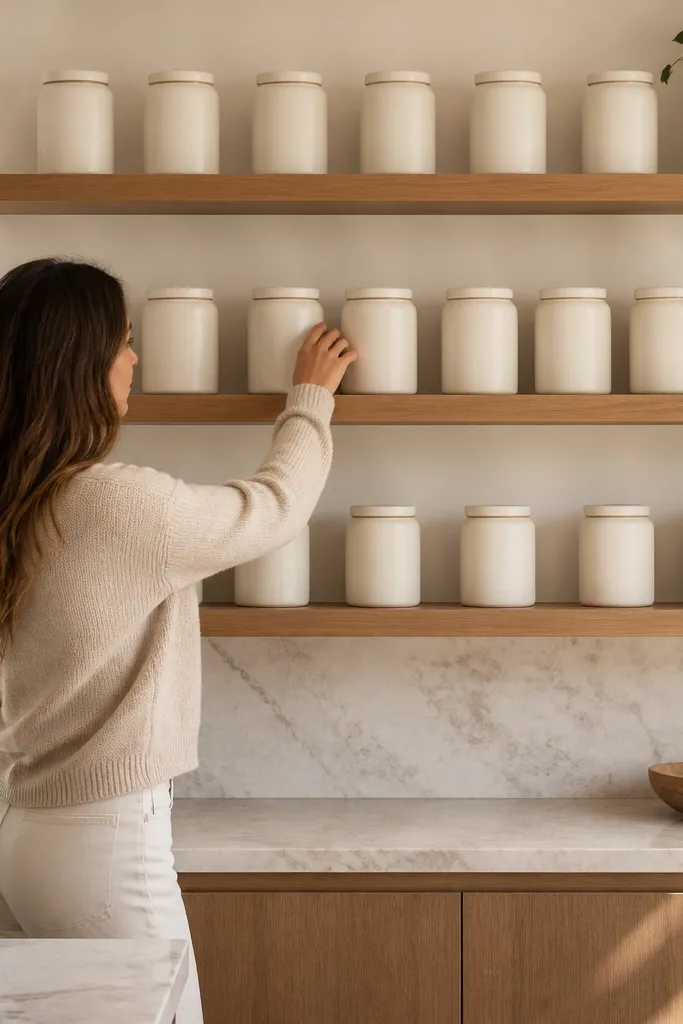 Open shelves with matching canisters and a vertical plant beside the counter