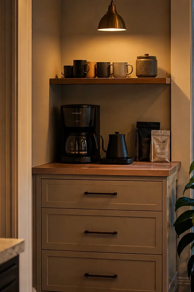 Coffee station in the corner with drawers below and a floating shelf for mugs