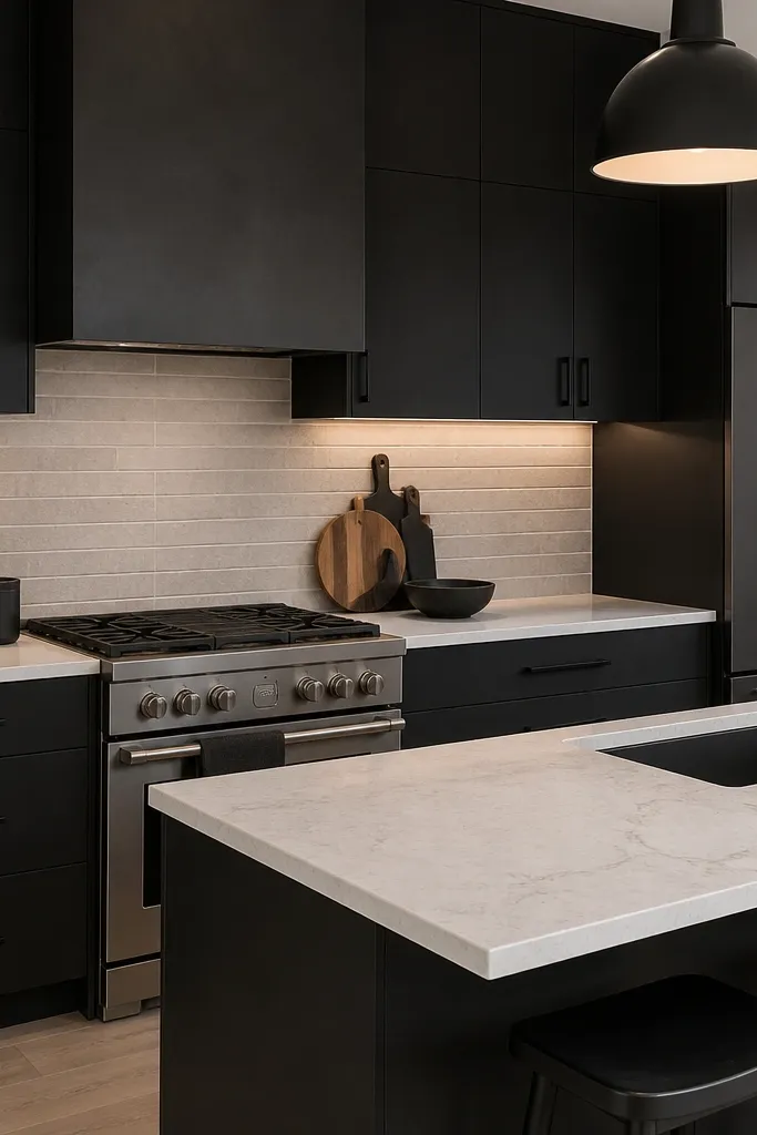 Monochrome kitchen with light stone counters and matte black cabinet pulls