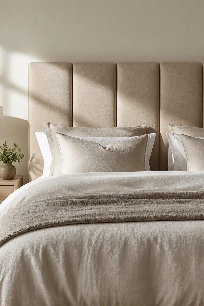 Cream walls with a tall upholstered bed headboard and warm taupe bedding