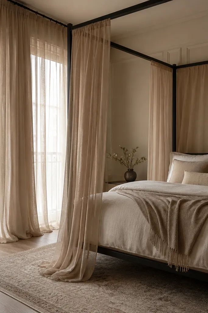 Black curtain rods with sheer beige curtains around a bed near a window