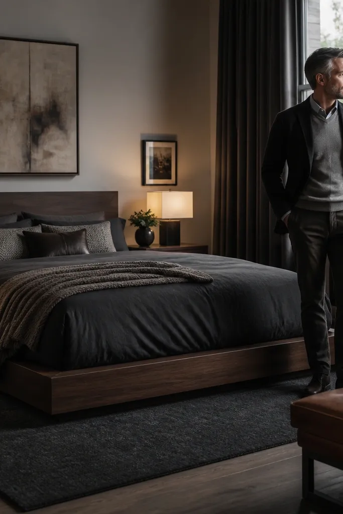 Dark wood platform bed with charcoal bedding and a large gray-black rug