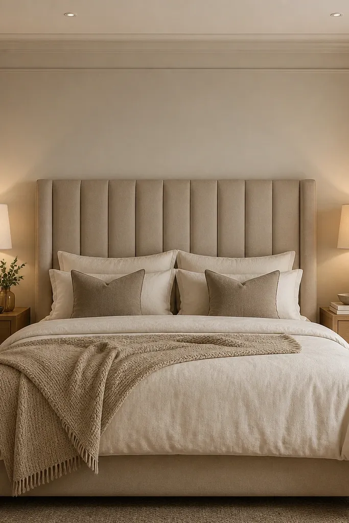 Two matching nightstands with identical lamps on both sides of a bed