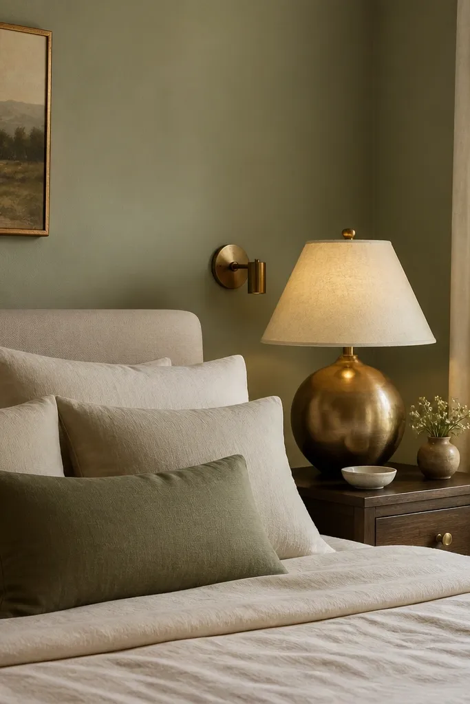 Sage green walls with brass lamp bases and cream bedding