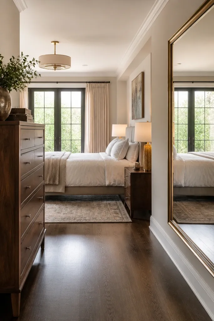 Tall dresser with a large mirror opposite the bed and warm lighting
