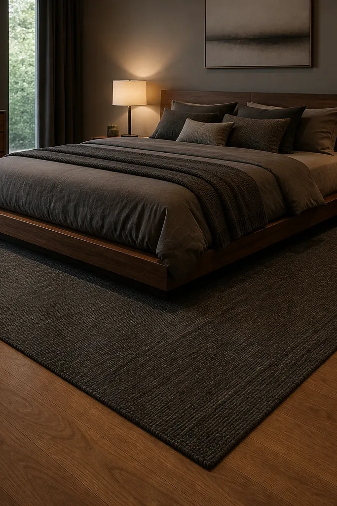 Large rug under bed with matching tones and layered throw pillows