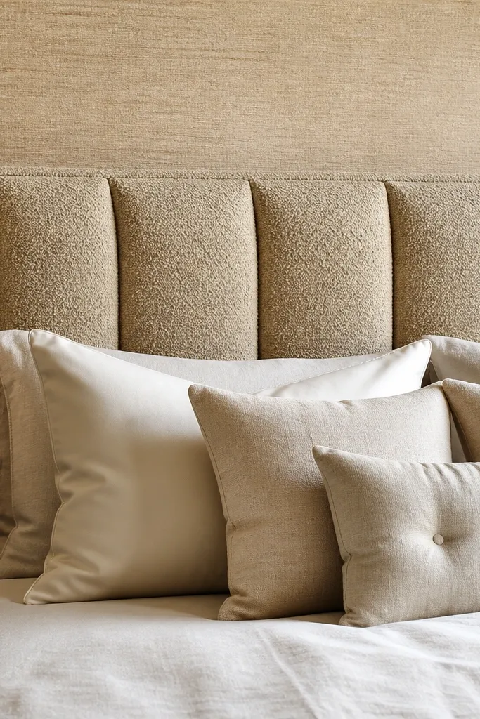 Beige textured headboard with linen-style bedding and soft neutral pillows