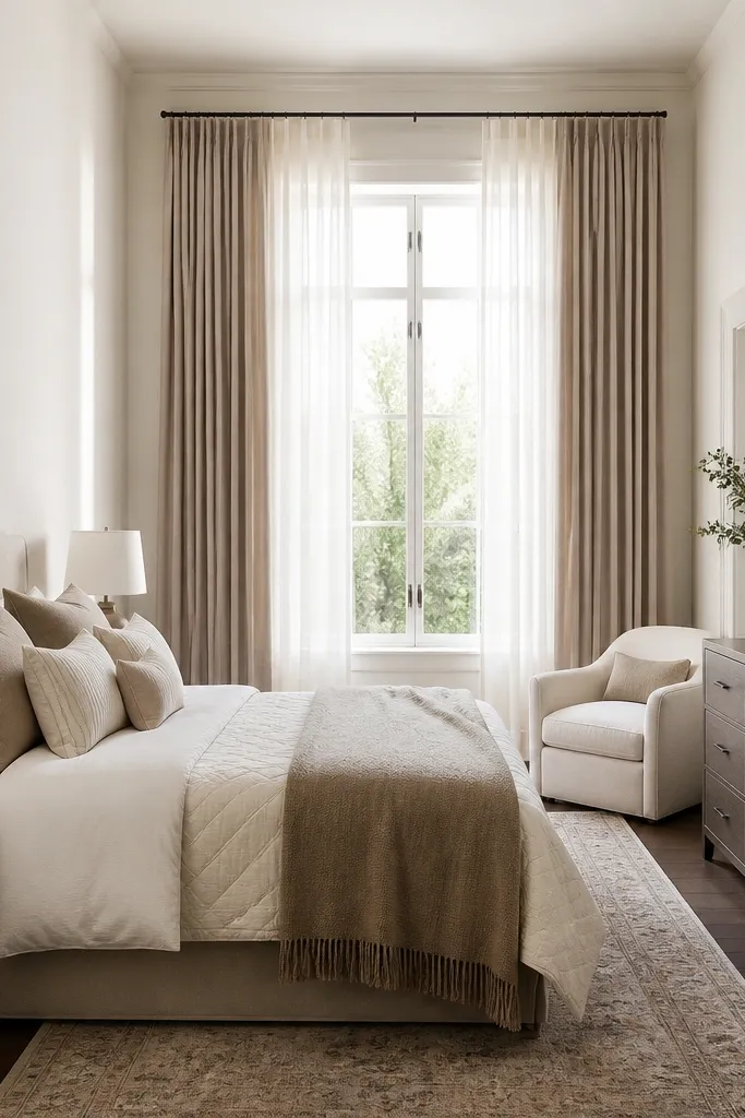 Two-tone curtains in cream and taupe hung high with a bed beneath