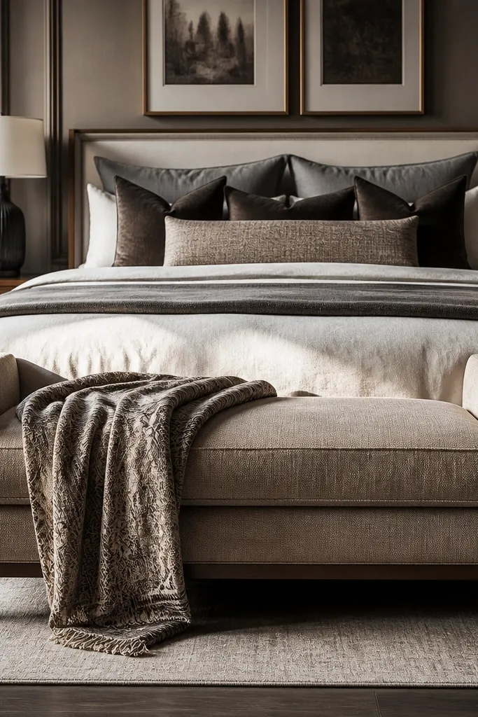 Wood bench at bed foot with a patterned throw and neutral pillows