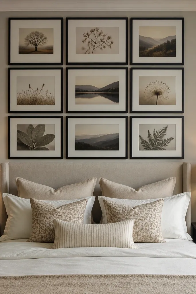 Black framed art gallery above bed with cream and neutral prints