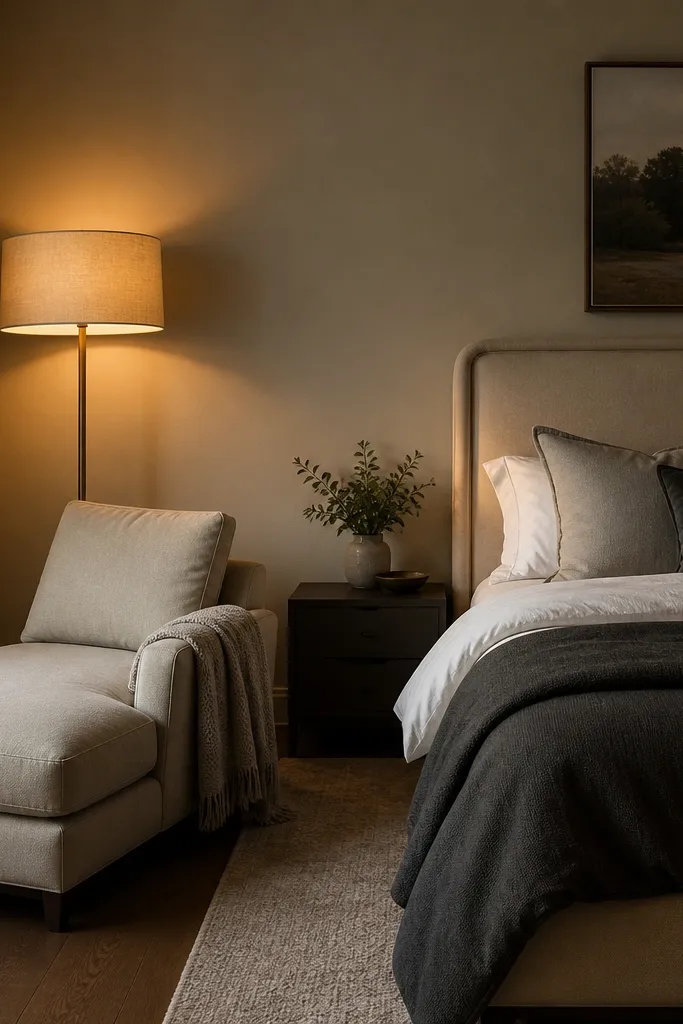 Tall floor lamp in a corner next to a small chair with warm lighting