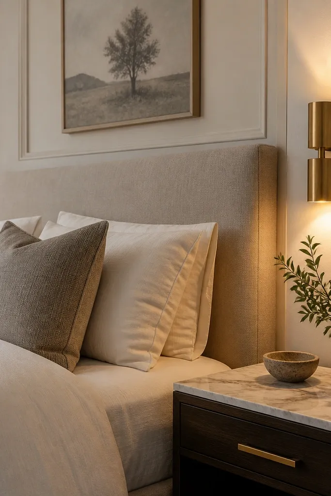 Marble-look surfaces with small brass wall sconces beside the bed