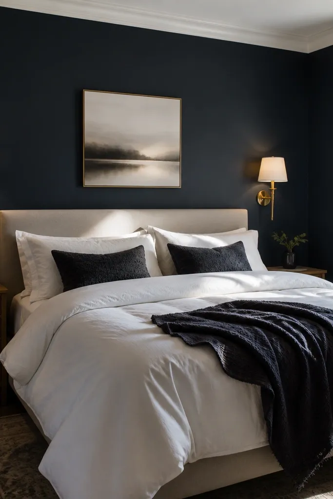 Blue-black accent wall behind a bed with white crown molding and warm brass lamps
