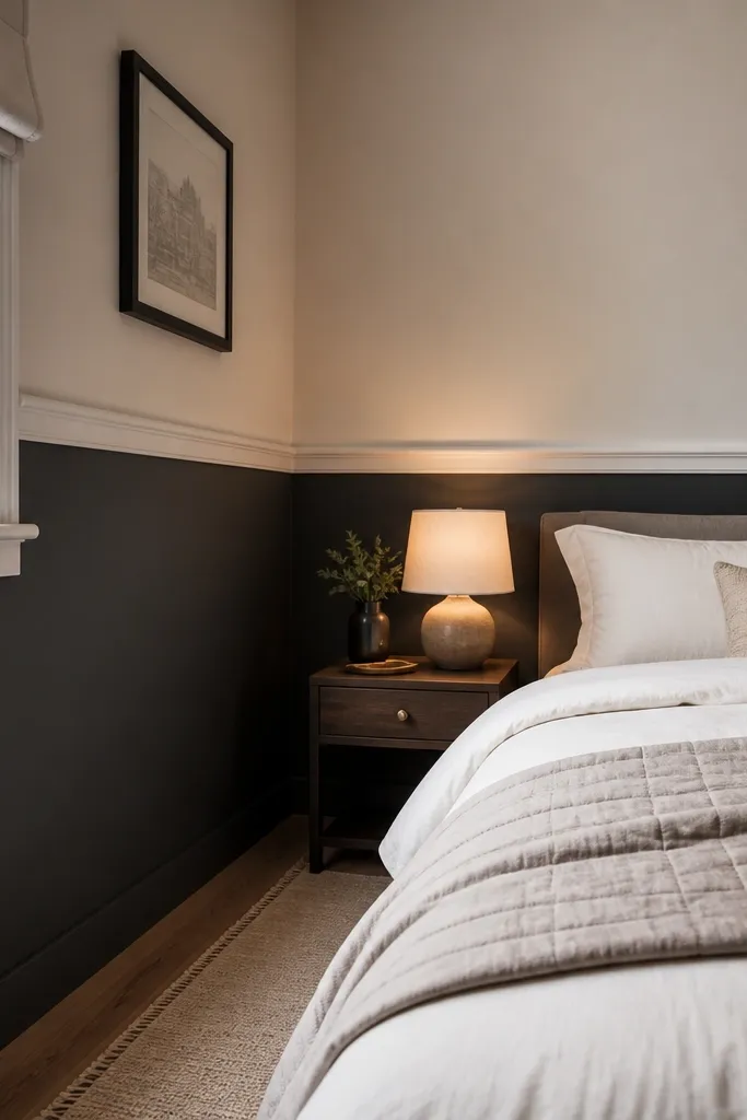 Charcoal accent wall with a white chair rail band and a cream rug under a bed
