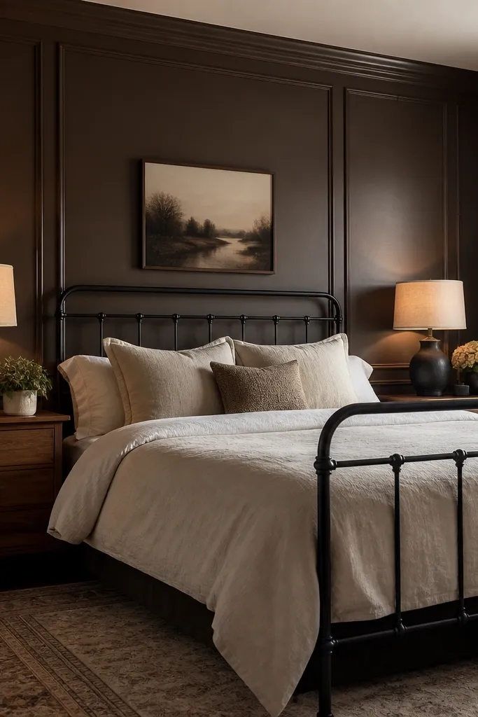 Espresso-brown paneled wall behind a bed with gold framed art and linen bedding