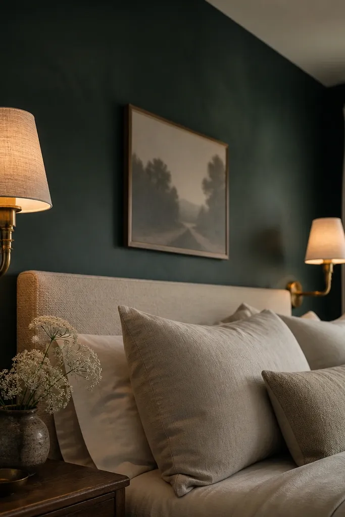 Deep evergreen matte accent wall with beige linen sconces beside a bed