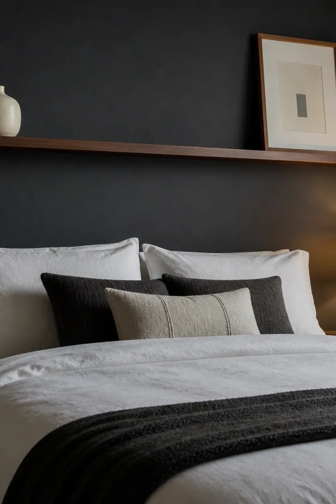 Deep charcoal wall with a single walnut floating shelf and a bed in front