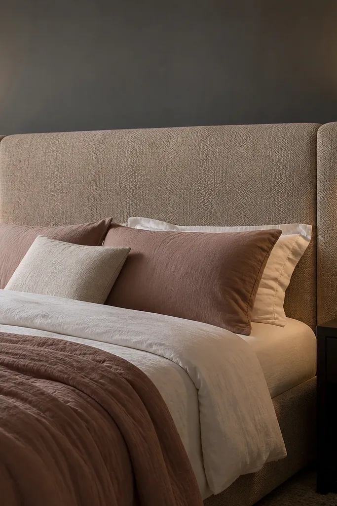 Smoked gray accent wall behind a large beige linen headboard