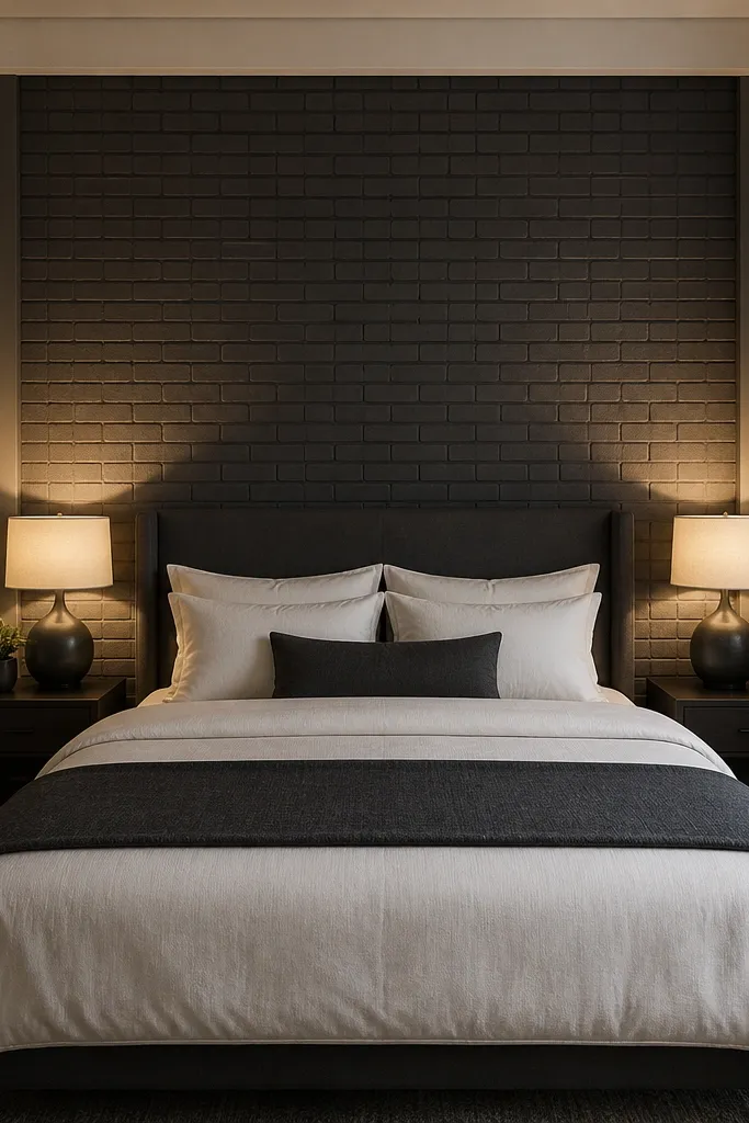 Charcoal brick-pattern accent wall behind a bed with white bedding