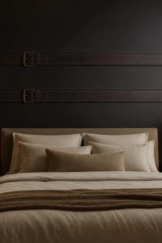 Deep brown-black accent wall with subtle leather strap decor near the bed