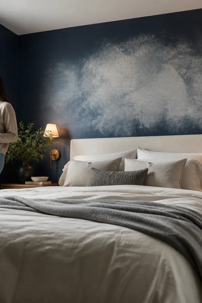 Night navy accent wall with soft white plaster texture and a light bed setup
