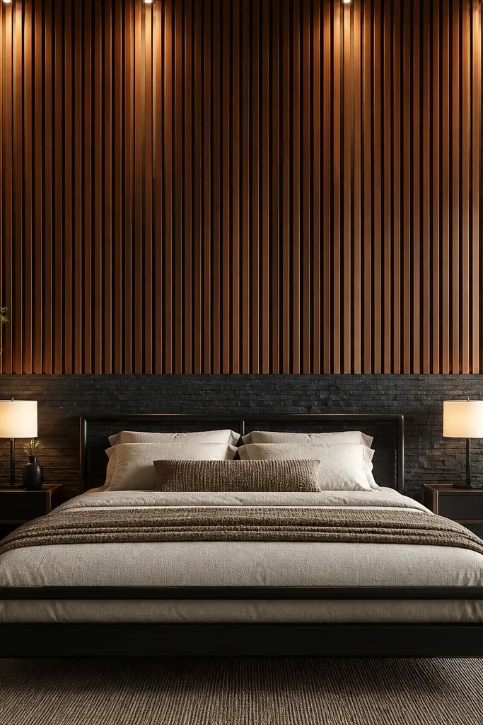 Dark slate accent wall with vertical wood slats and warm bedside lighting