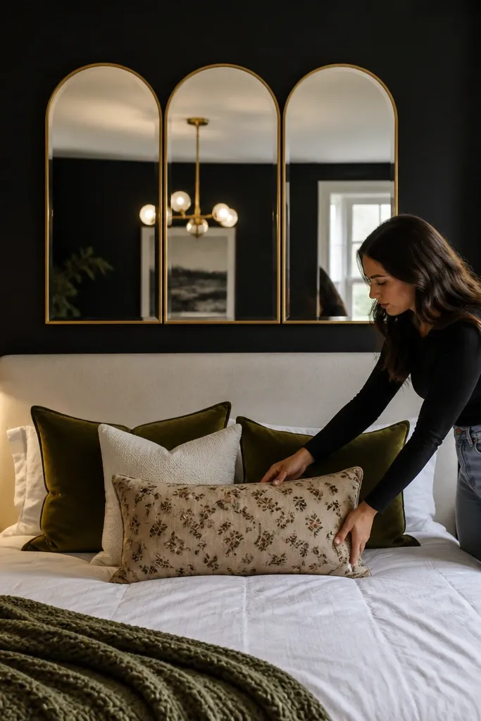 Ink black accent wall with three gold mirrors above a bed