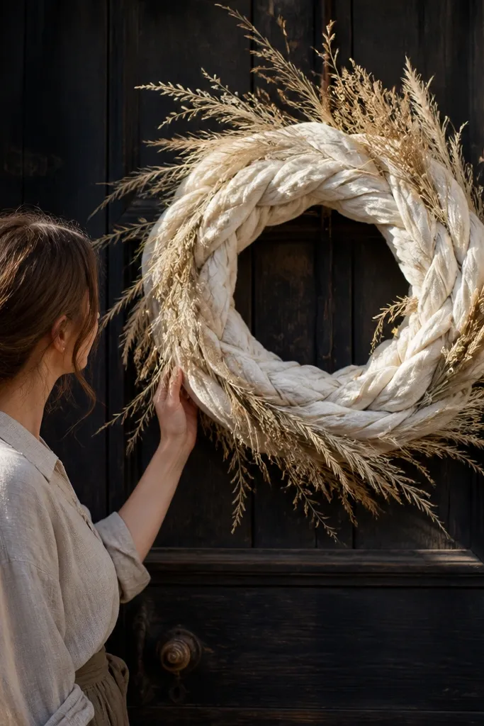 Cream wreath with woven texture and airy dried grass stems on a front door