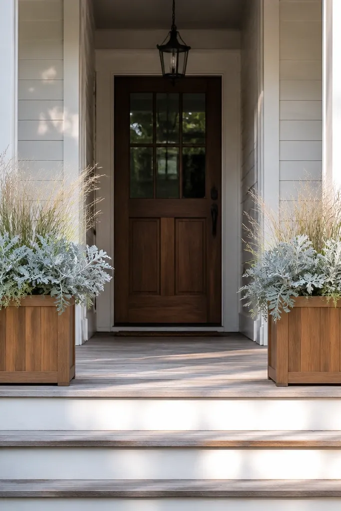 Two matching teak-toned planters with pale green plants on front steps
