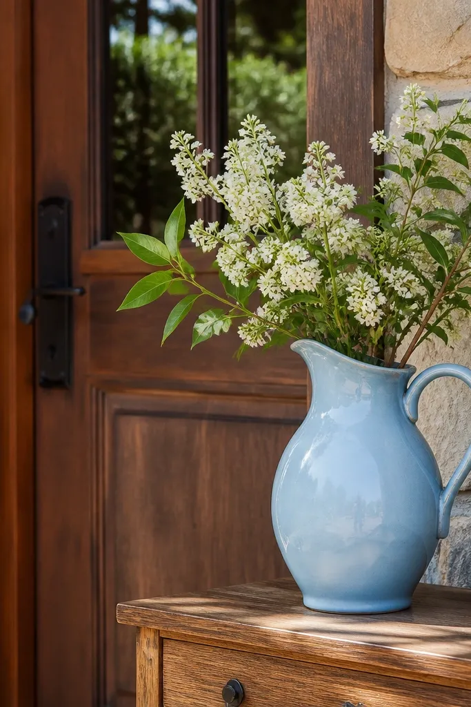 Powder-blue ceramic jug vase with white flowers on a small porch table