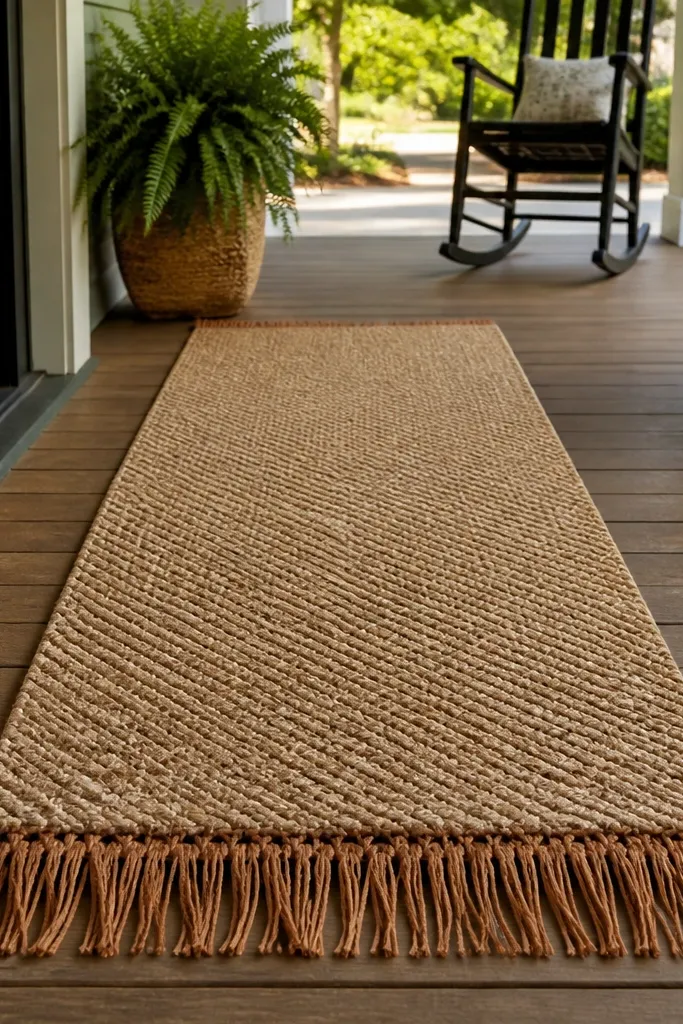 Oat woven porch runner with subtle pattern and leather fringe near the front door