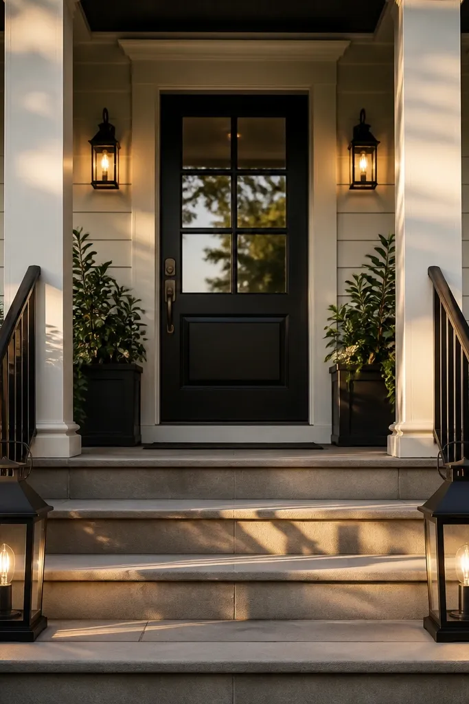 Two black lanterns on porch sides with warm light glowing