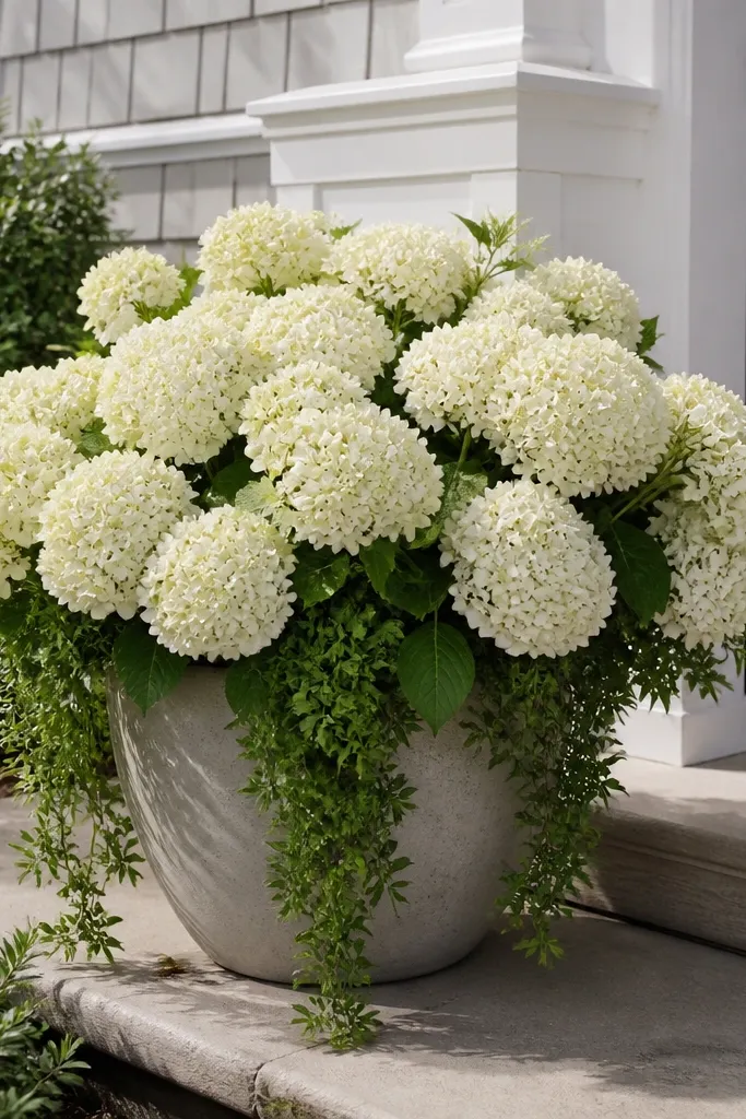 Large white hydrangea-like flowers in an oversized planter by the front door