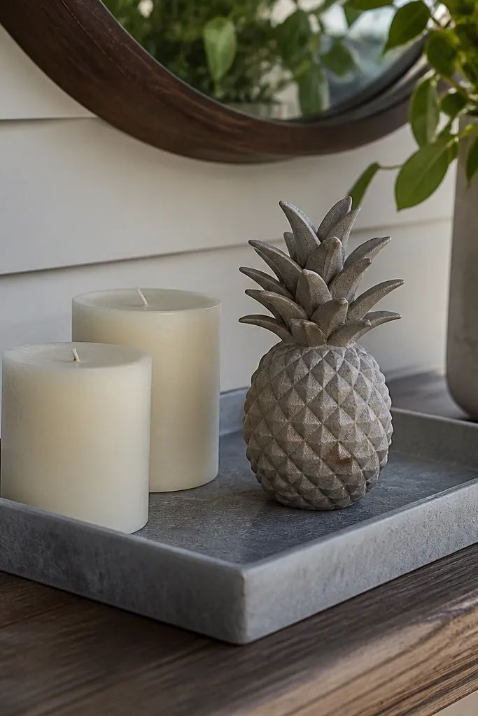 Stone-gray tray with two cream candles and a small pineapple accent on a porch table