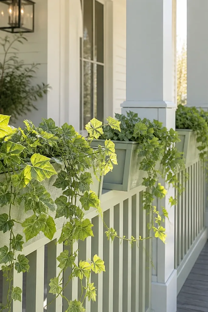 Railing planter boxes with pale green trailing vines along a front porch railing