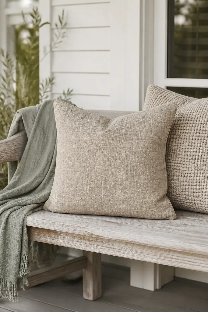 Whitewashed porch bench with sage throw and textured pillows near the entry