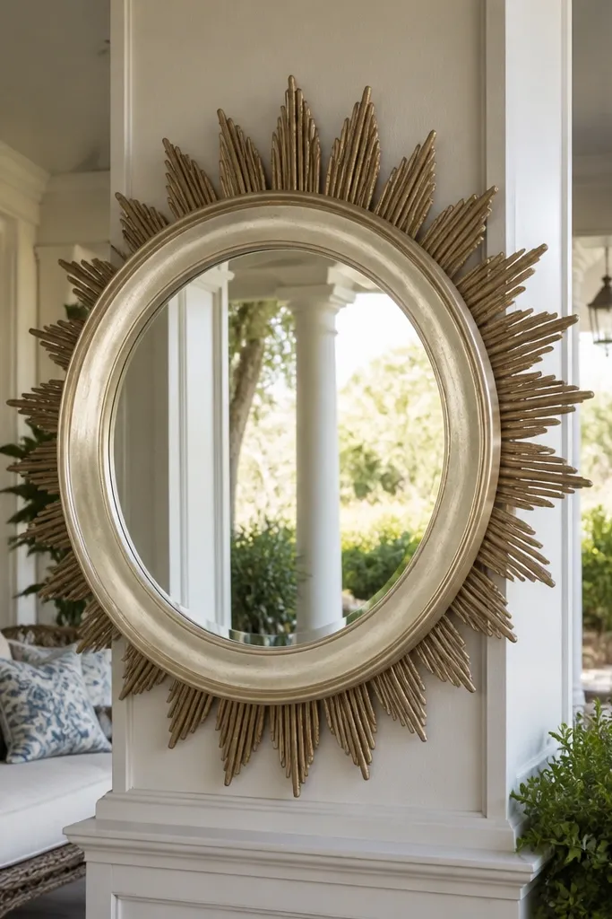 Large framed mirror on porch column with a sunburst wreath behind it