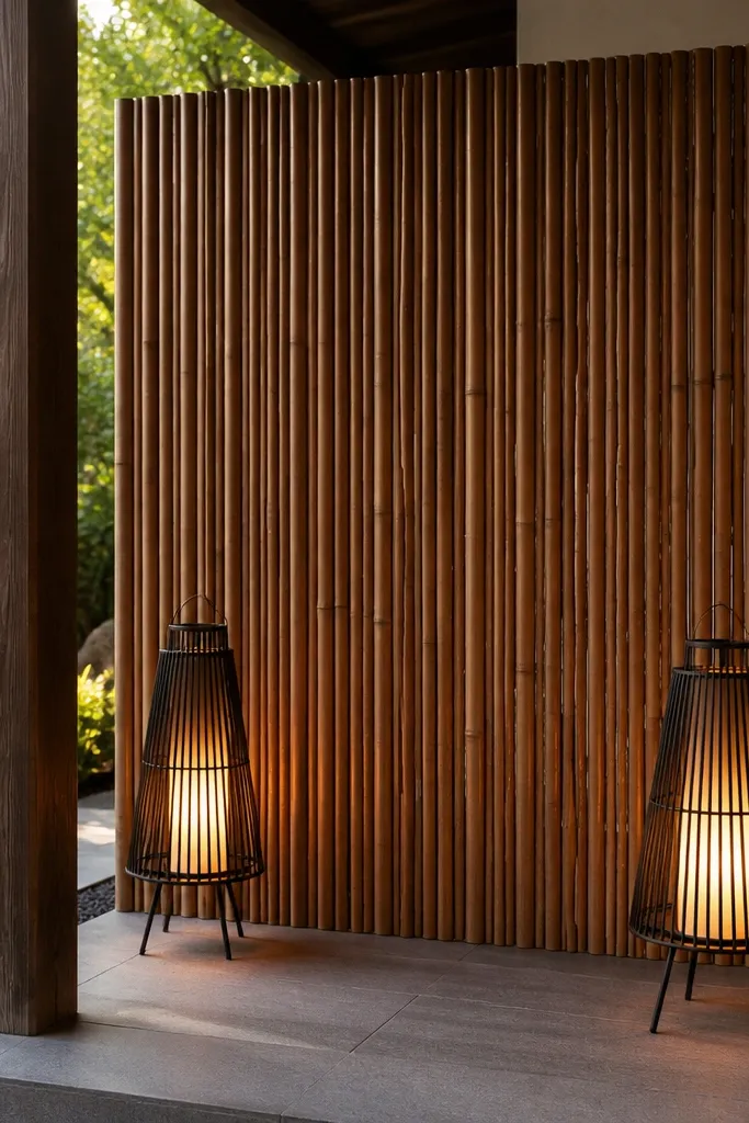 Bamboo screen panel with two matching floor lanterns on a front porch