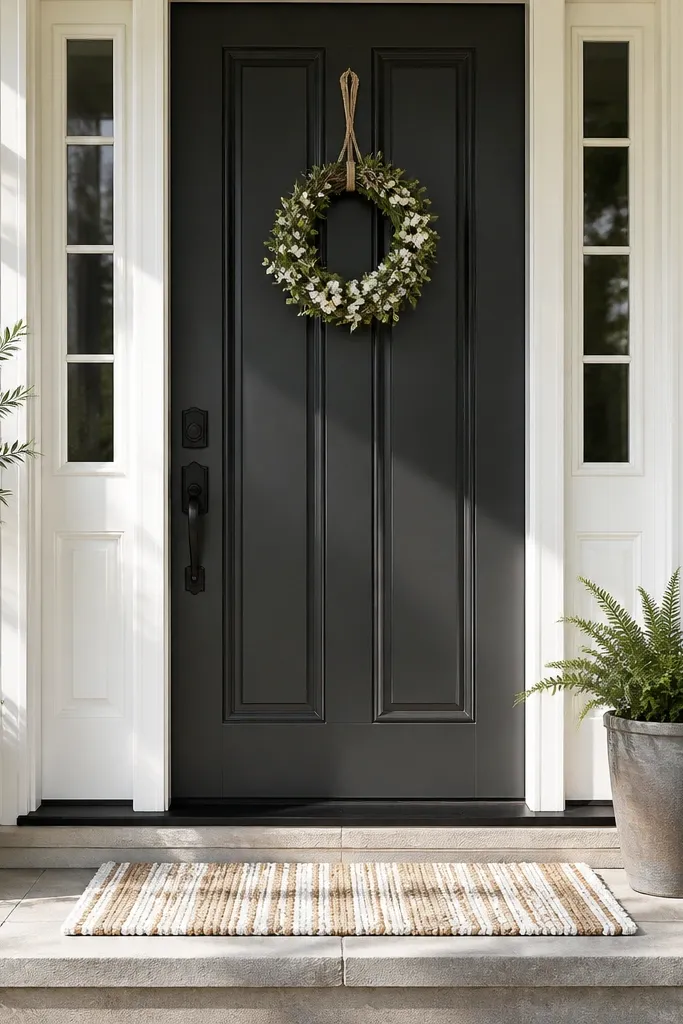 White and tan door mat with a small wreath on the door handle area