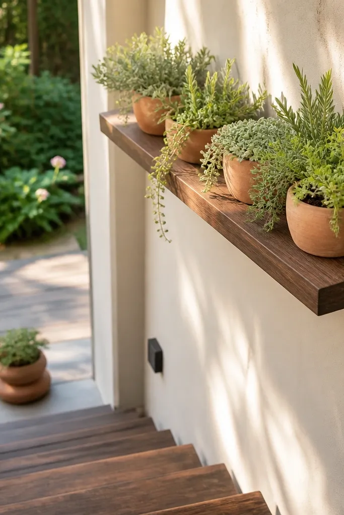 Small floating shelf above porch steps with mini terracotta pots and pale green plants