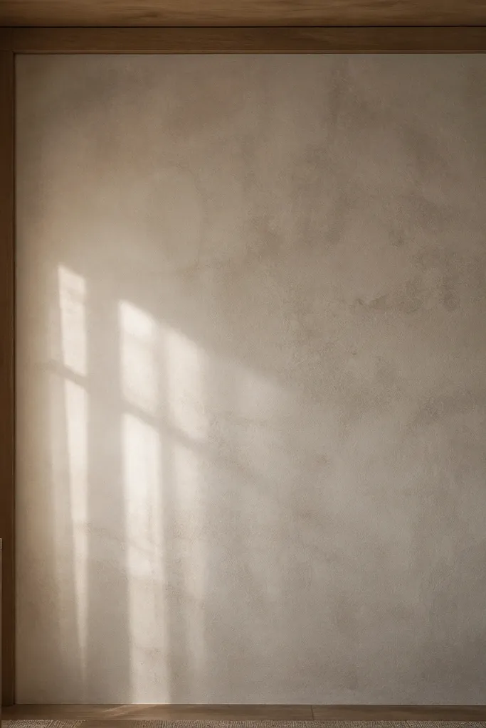 Warm greige plaster-like wall behind a bed with soft matte texture