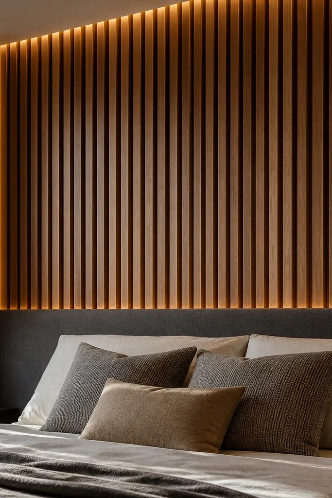 Medium walnut vertical slats on a bedroom wall with a thin shadow gap border