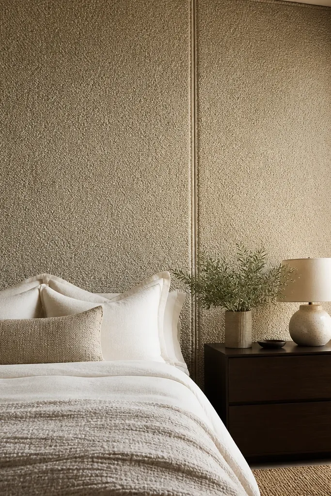 Oat bouclé fabric panels on a bedroom accent wall with neat seams