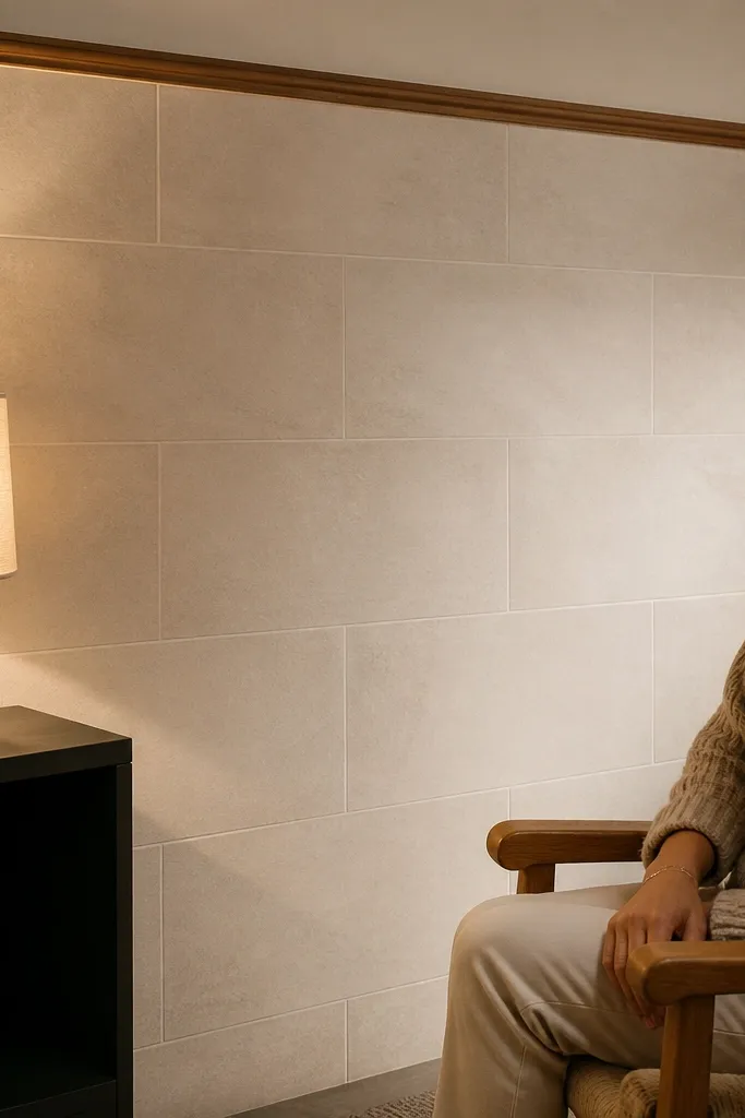 Warm ivory matte porcelain tile accent wall behind a bed
