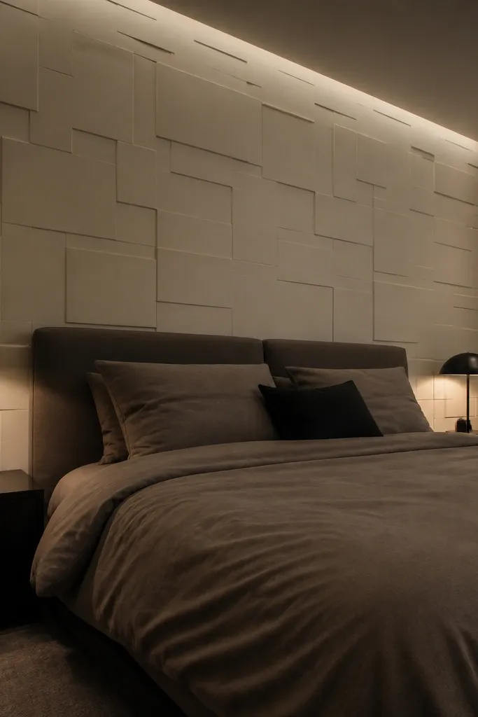 Off-white 3D plaster relief panels on a bedroom accent wall