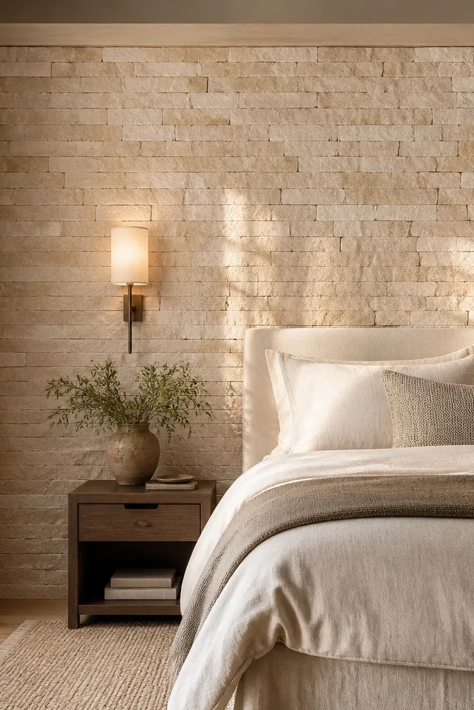 Light travertine-toned stone veneer accent wall behind a bed