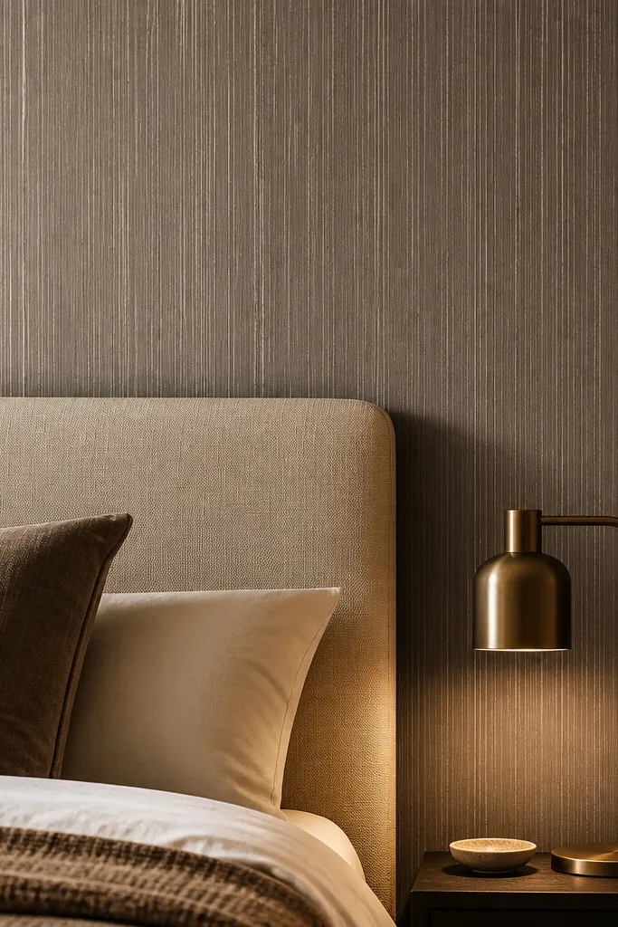 Smoky taupe vertical striated accent wallpaper in a bedroom