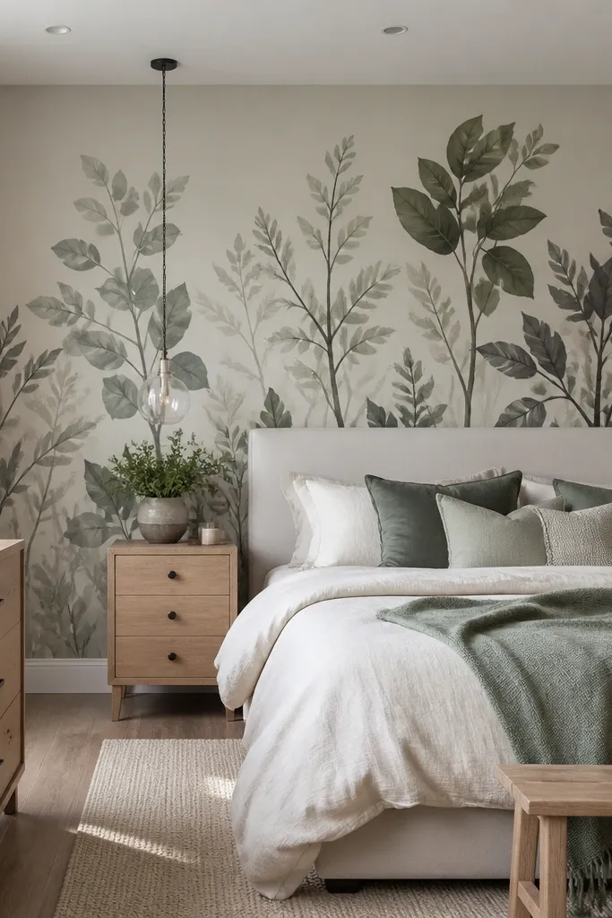 Muted sage botanical mural on a bedroom wall behind a bed